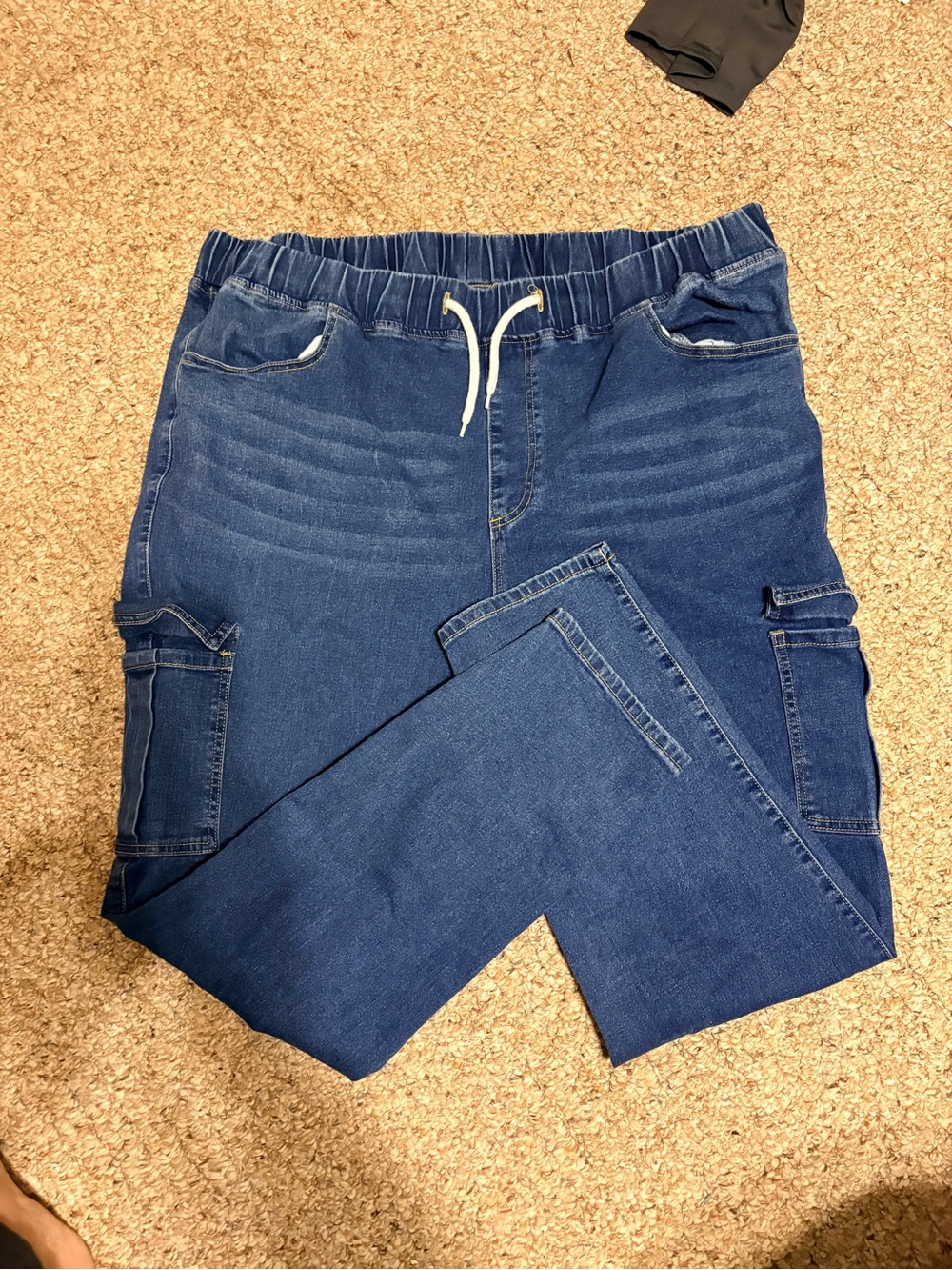 Womens Blue Elastic Waist Cargo Jeans